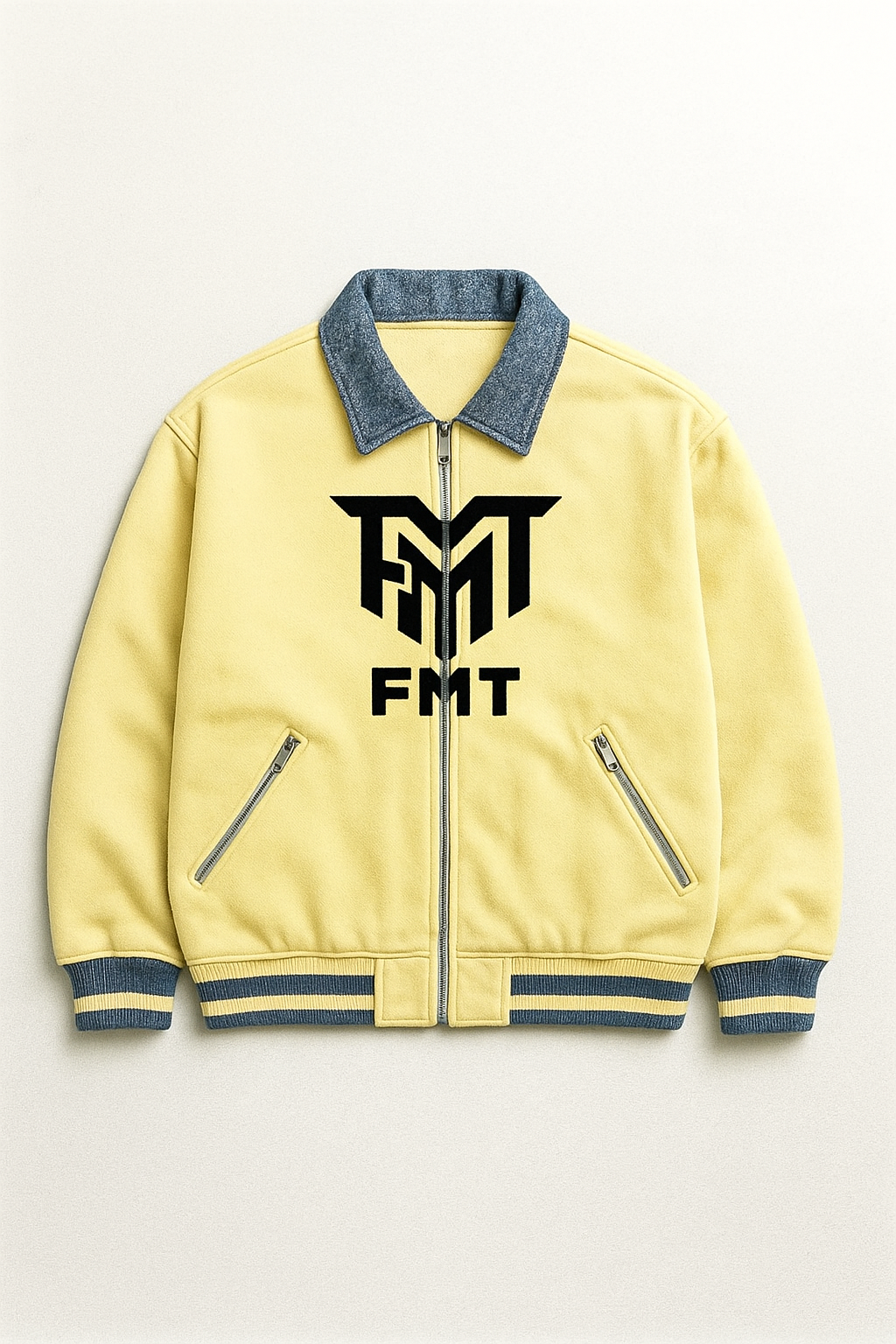 FMT Signature Milkish-Yellow Varsity Jacket (Denim Collar Edition)